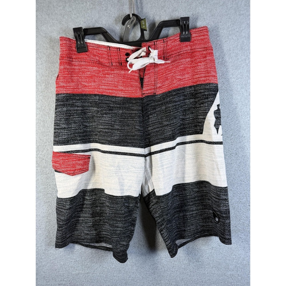 B.SPLIT Shorts Mens Small Red Black Striped Board Swim Trunks Drawstring Pocket